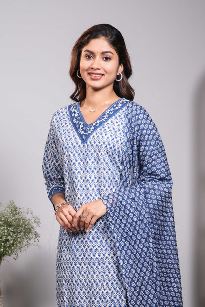 Blue floral design V neck salwar set with 3/4th sleeve, contrast bottom and matching dupatta