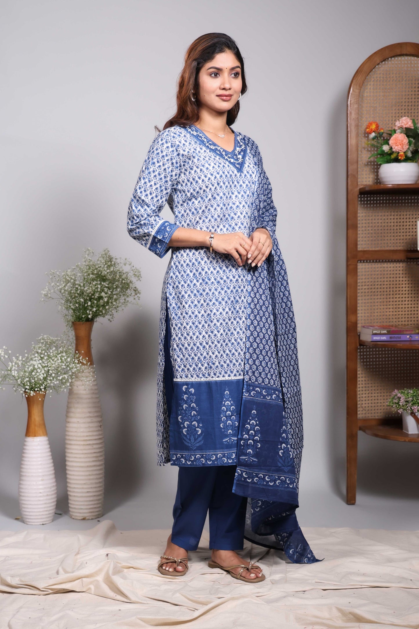 Blue floral design V neck salwar set with 3/4th sleeve, contrast bottom and matching dupatta