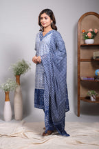 Blue floral design V neck salwar set with 3/4th sleeve, contrast bottom and matching dupatta