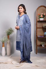 Blue floral design V neck salwar set with 3/4th sleeve, contrast bottom and matching dupatta