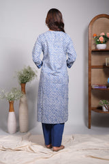 Blue floral design V neck salwar set with 3/4th sleeve, contrast bottom and matching dupatta