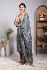 Green floral design V neck salwar set with 3/4th sleeve, self bottom and matching dupatta