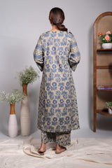 Green floral design V neck salwar set with 3/4th sleeve, self bottom and matching dupatta