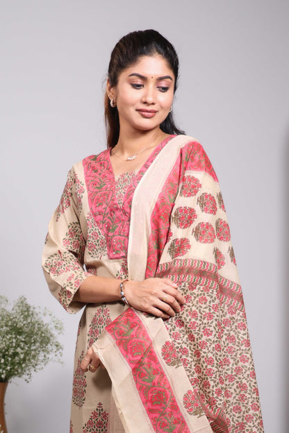Sandal floral design motifs V neck salwar set with 3/4th sleeve, self bottom and matching dupatta