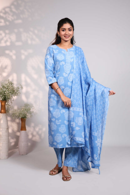 Sky blue floral design chinese neck salwar set with 3/4th sleeve, self bottom and chanderi matching dupatta