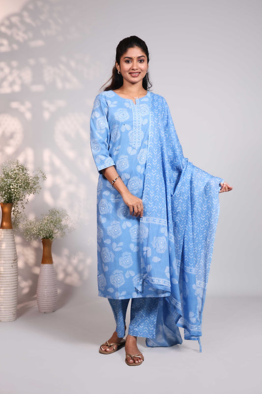 Sky blue floral design chinese neck salwar set with 3/4th sleeve, self bottom and chanderi matching dupatta