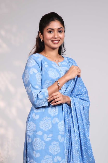 Sky blue floral design chinese neck salwar set with 3/4th sleeve, self bottom and chanderi matching dupatta