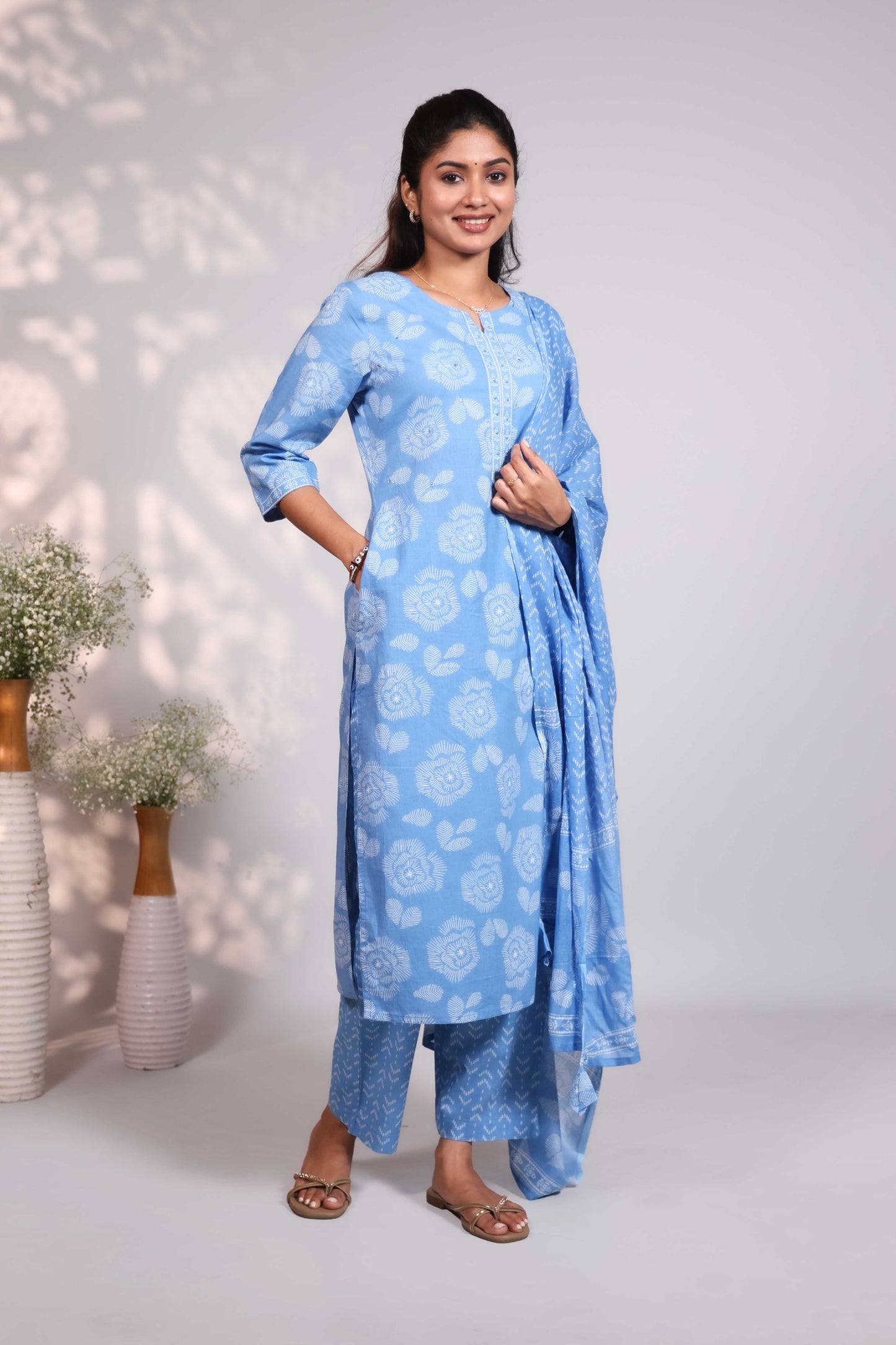 Sky blue floral design chinese neck salwar set with 3/4th sleeve, self bottom and chanderi matching dupatta