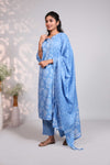 Sky blue floral design chinese neck salwar set with 3/4th sleeve, self bottom and chanderi matching dupatta