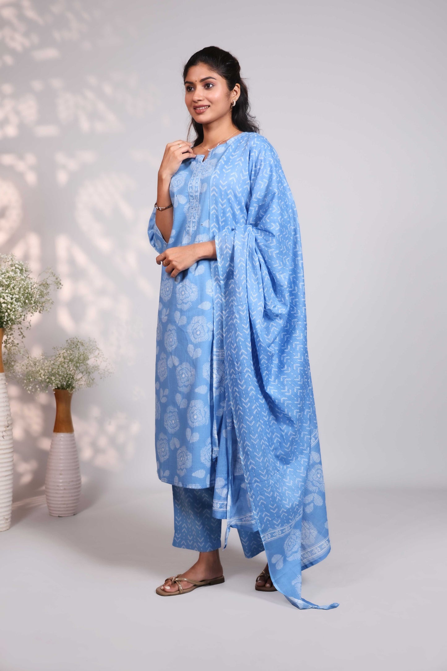 Sky blue floral design chinese neck salwar set with 3/4th sleeve, self bottom and chanderi matching dupatta