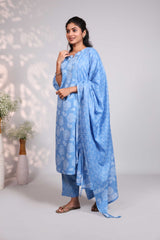 Blue floral design motifs round neck salwar set with 3/4th sleeve, self bottom and matching dupatta