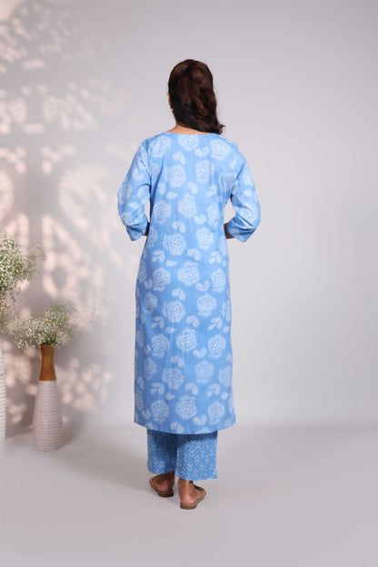 Sky blue floral design chinese neck salwar set with 3/4th sleeve, self bottom and chanderi matching dupatta