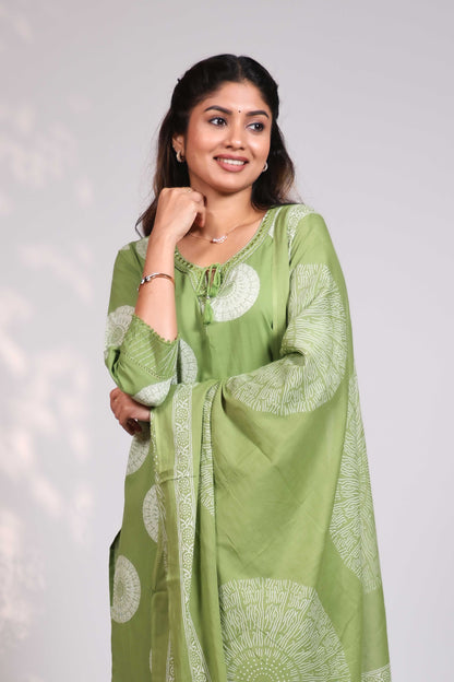 Green mandala circle block design round neck with fine lace salwar set with 3/4th sleeve, self bottom and  matching dupatta