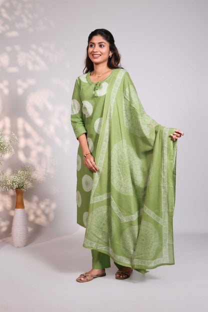Green mandala circle block design round neck with fine lace salwar set with 3/4th sleeve, self bottom and  matching dupatta