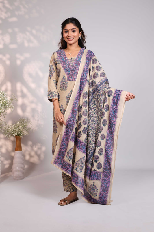 Pale brown floral design motifs V neck salwar set with 3/4th sleeve, self bottom and matching dupatta