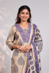 Pale brown floral design motifs V neck salwar set with 3/4th sleeve, self bottom and matching dupatta