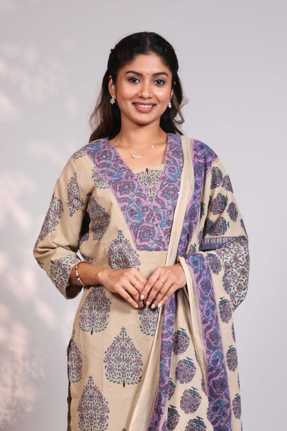 Pale brown floral design motifs V neck salwar set with 3/4th sleeve, self bottom and matching dupatta