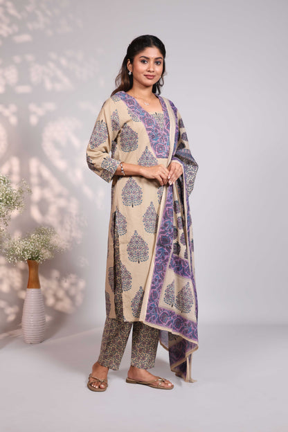 Pale brown floral design motifs V neck salwar set with 3/4th sleeve, self bottom and matching dupatta