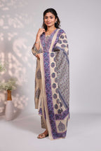 Pale brown floral design motifs V neck salwar set with 3/4th sleeve, self bottom and matching dupatta