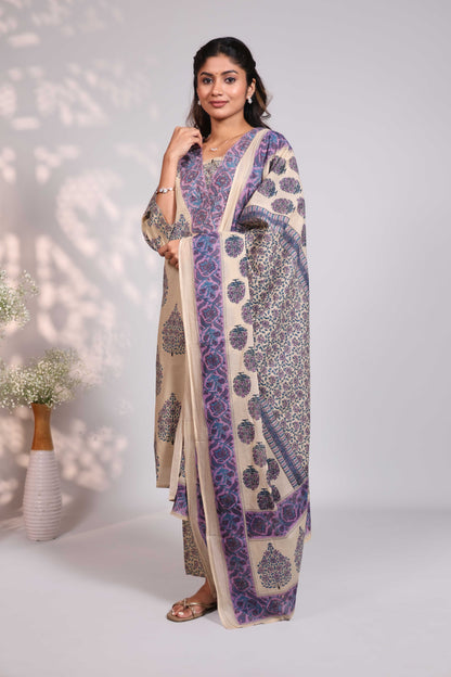 Pale brown floral design motifs V neck salwar set with 3/4th sleeve, self bottom and matching dupatta