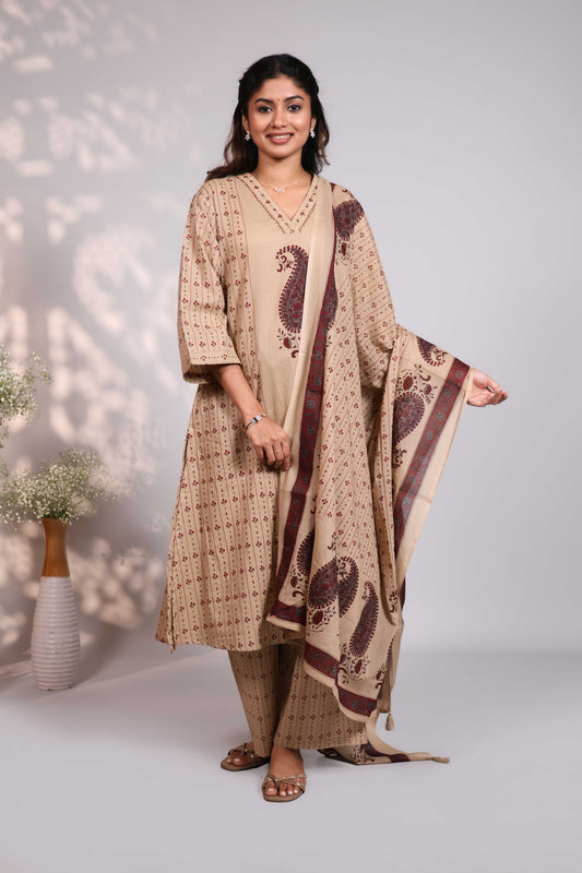 Beige mandala circle block design round neck with fine lace salwar set with 3/4th sleeve, self bottom and  matching dupatta
