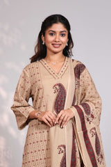 Beige mandala circle block design round neck with fine lace salwar set with 3/4th sleeve, self bottom andmatching dupatta