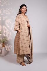 Beige mandala circle block design round neck with fine lace salwar set with 3/4th sleeve, self bottom andmatching dupatta