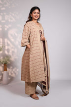 Brown striped floral design V neck salwar set with 3/4th sleeve, self bottom and matching dupatta