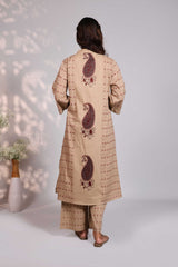 Beige mandala circle block design round neck with fine lace salwar set with 3/4th sleeve, self bottom andmatching dupatta