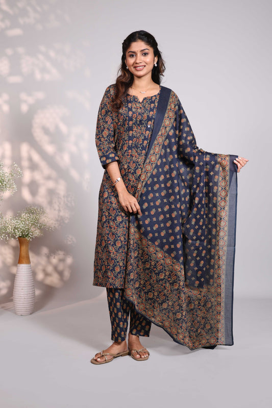 Blue floral design round neck salwar set with 3/4th sleeve, self bottom and matching dupatta