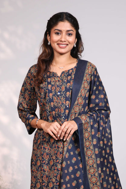 Blue floral design round neck salwar set with 3/4th sleeve, self bottom and matching dupatta