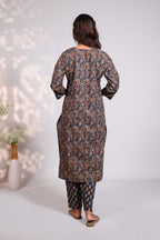 Blue floral design round neck salwar set with 3/4th sleeve, self bottom and matching dupatta