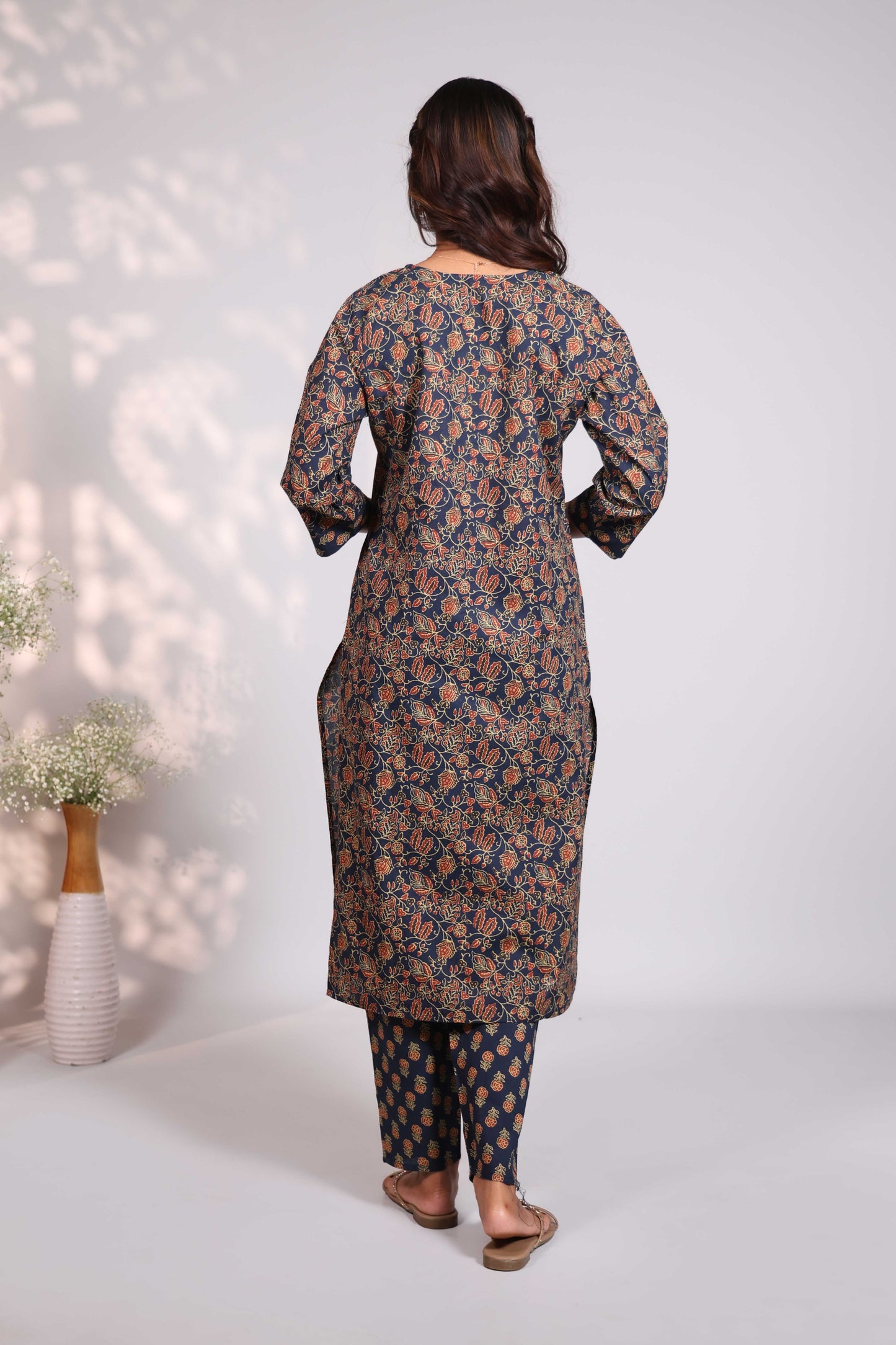 Blue floral design round neck salwar set with 3/4th sleeve, self bottom and matching dupatta