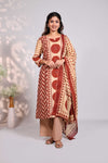 Sandal geometric motifs design round neck salwar set with 3/4th sleeve, self bottom and matching dupatta