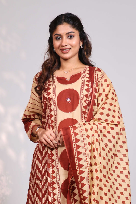 Sandal geometric motifs design round neck salwar set with 3/4th sleeve, self bottom and matching dupatta