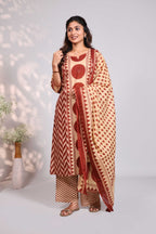 Sandal geometric motifs design round neck salwar set with 3/4th sleeve, self bottom and matching dupatta