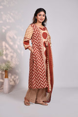 Sandal geometric motifs design round neck salwar set with 3/4th sleeve, self bottom and matching dupatta