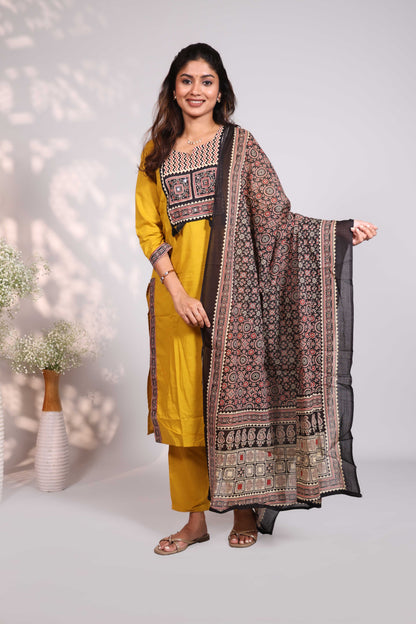 Mustard Cotton Salwar Suit with Mirror Work Neckline and Jaipuri Block Print Dupatta