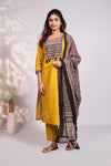 Mustard Cotton Salwar Suit with Mirror Work Neckline and Jaipuri Block Print Dupatta