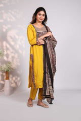 Mustard Cotton Salwar Suit with Mirror Work Neckline and Jaipuri Block Print Dupatta