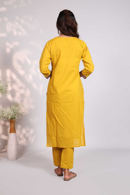 Mustard Cotton Salwar Suit with Mirror Work Neckline and Jaipuri Block Print Dupatta