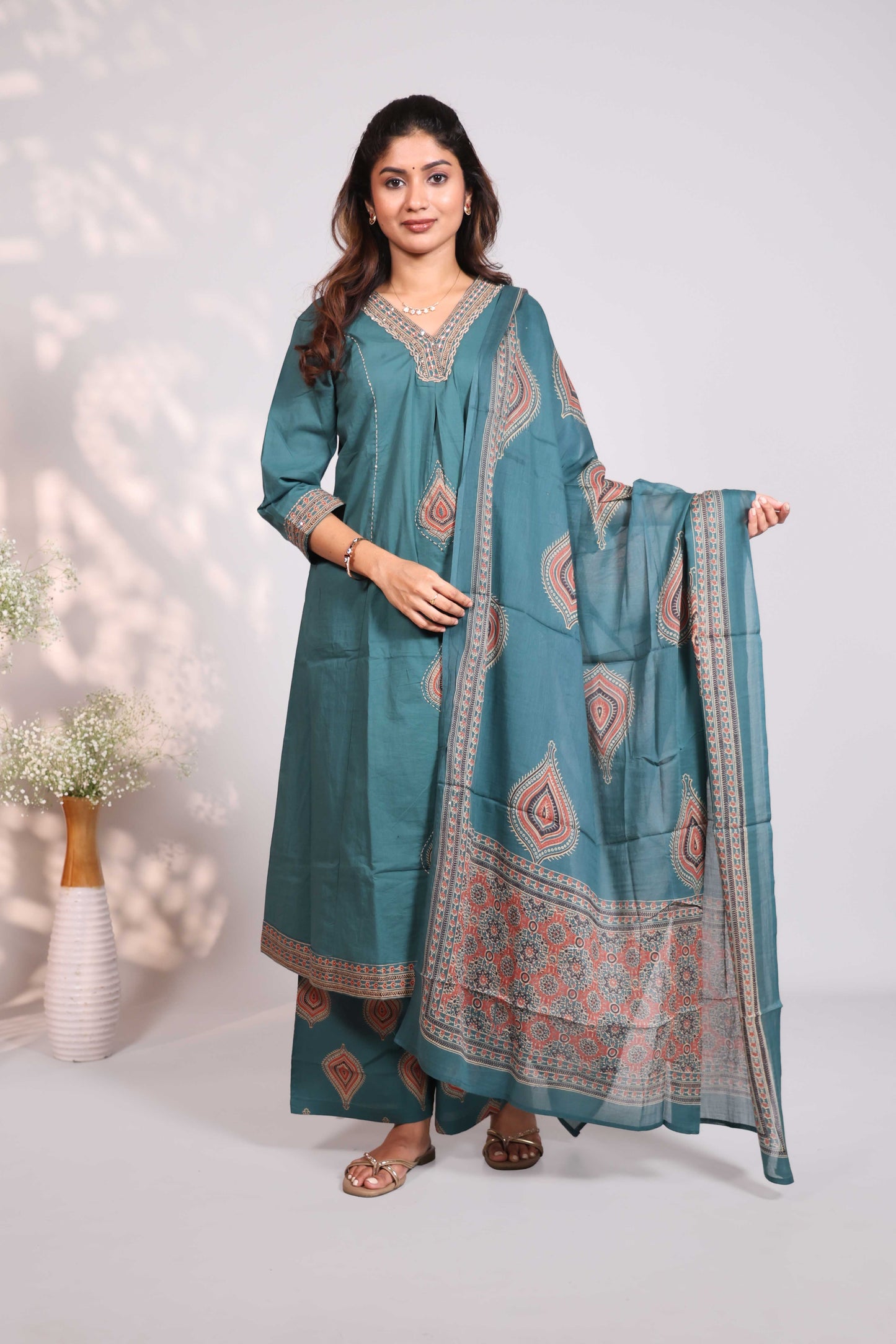 Teal green block-printed salwar set  V-neck tunic with chain-stitch embroidery 3/4 sleeves matching wide-leg palazzo pants and matching dupatta
