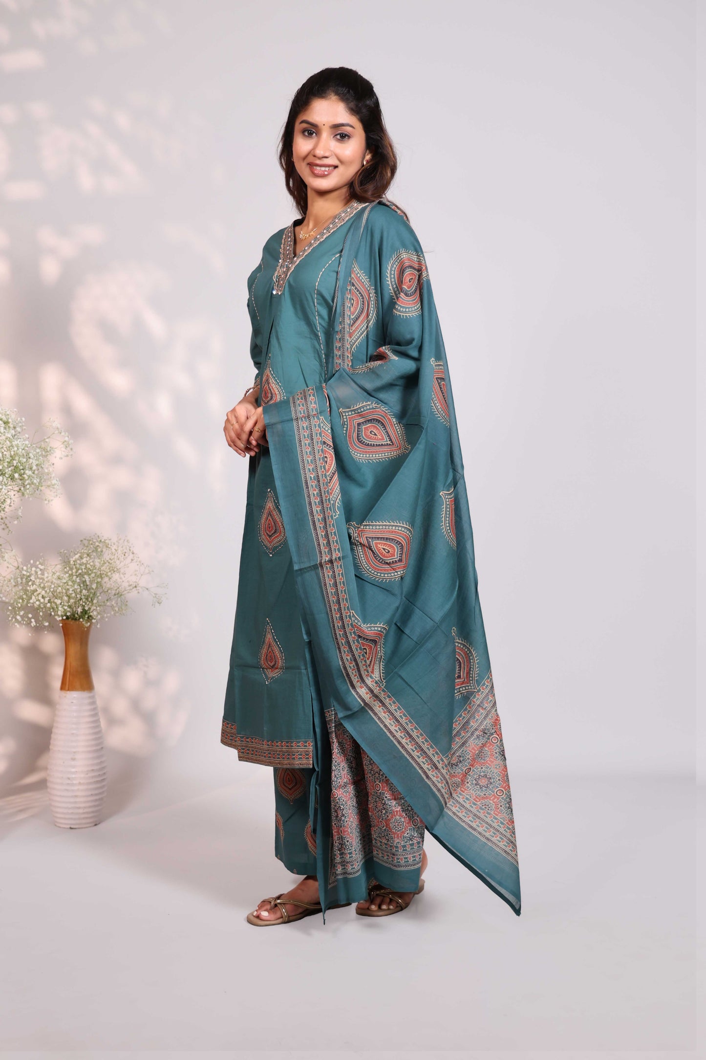 Teal green block-printed salwar set  V-neck tunic with chain-stitch embroidery 3/4 sleeves matching wide-leg palazzo pants and matching dupatta