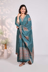 Teal green block-printed salwar setV-neck tunic with chain-stitch embroidery 3/4 sleeves matching wide-leg palazzo pants and matching dupatta