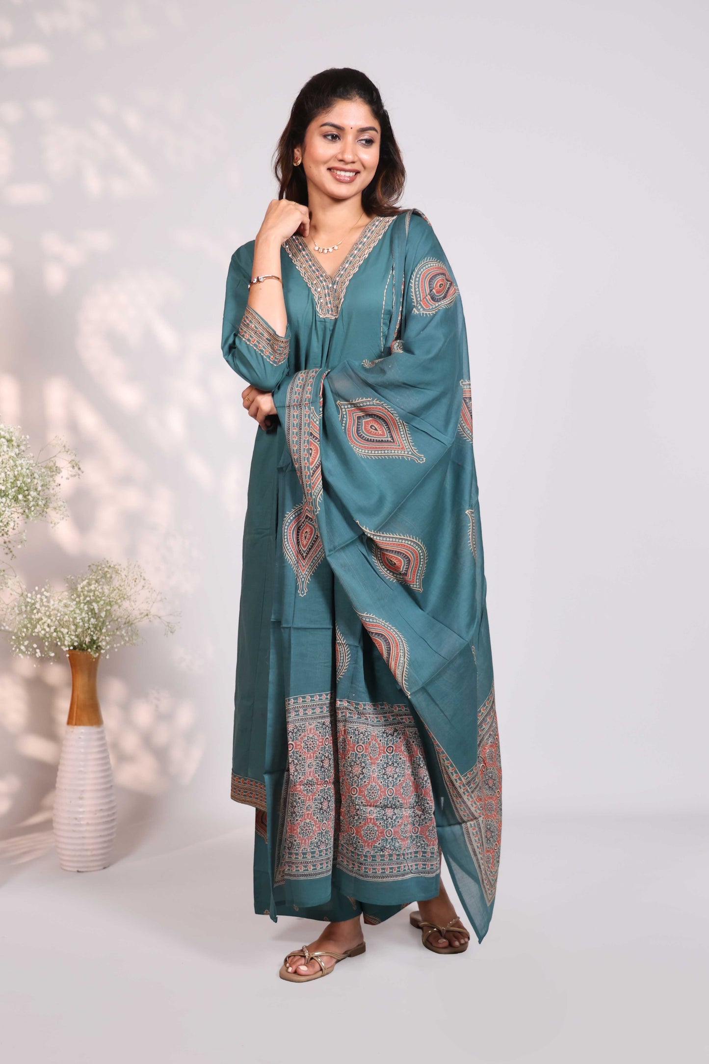 Teal green block-printed salwar set  V-neck tunic with chain-stitch embroidery 3/4 sleeves matching wide-leg palazzo pants and matching dupatta