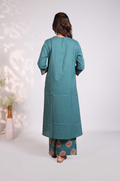 Teal green block-printed salwar set  V-neck tunic with chain-stitch embroidery 3/4 sleeves matching wide-leg palazzo pants and matching dupatta