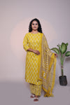 Yellow leaf motifs 3/4 slevee salwar suit with matching pant and printed dupatta