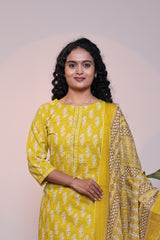 Yellow leaf motifs 3/4 slevee salwar suit with matching pant and printed dupatta