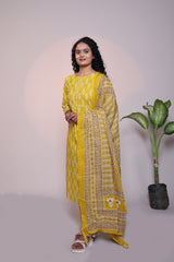 Yellow leaf motifs 3/4 slevee salwar suit with matching pant and printed dupatta