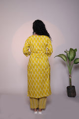Yellow leaf motifs 3/4 slevee salwar suit with matching pant and printed dupatta
